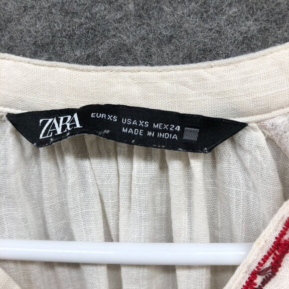 Zara Embroidered Blouse Womens XS Ivory Red Long Sleeve Boho Split Neck - Picture 5 of 8